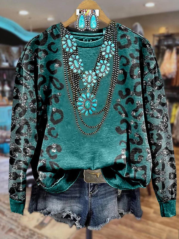 Western Style Leopard Print Long Sleeve Casual Top