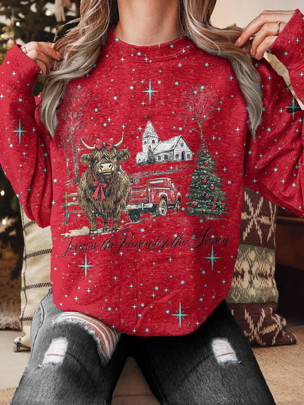 Let Us Adore Him Jesus Christmas Printed Long Sleeve Casual Top