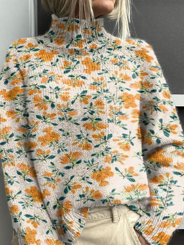 Women's Yellow Floral Pattern Turtleneck Fleece Sweatshirt