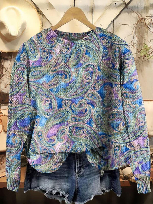 Ethnic Flowers Crew Neck Long Sleeve Sweater