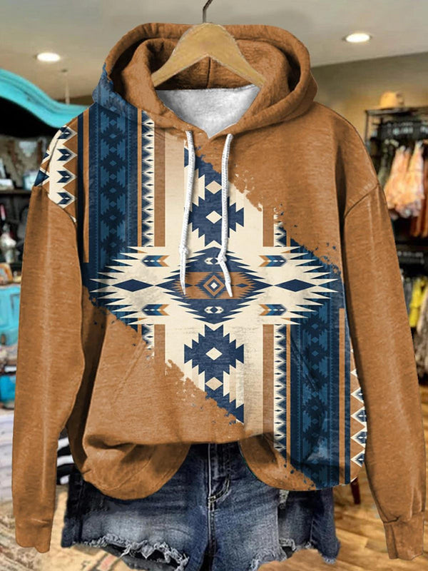 Western Retro Geometry Long Sleeve Printed Hoodie