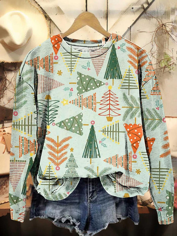 Green Christmas Tree Printed Long Sleeve Casual Top