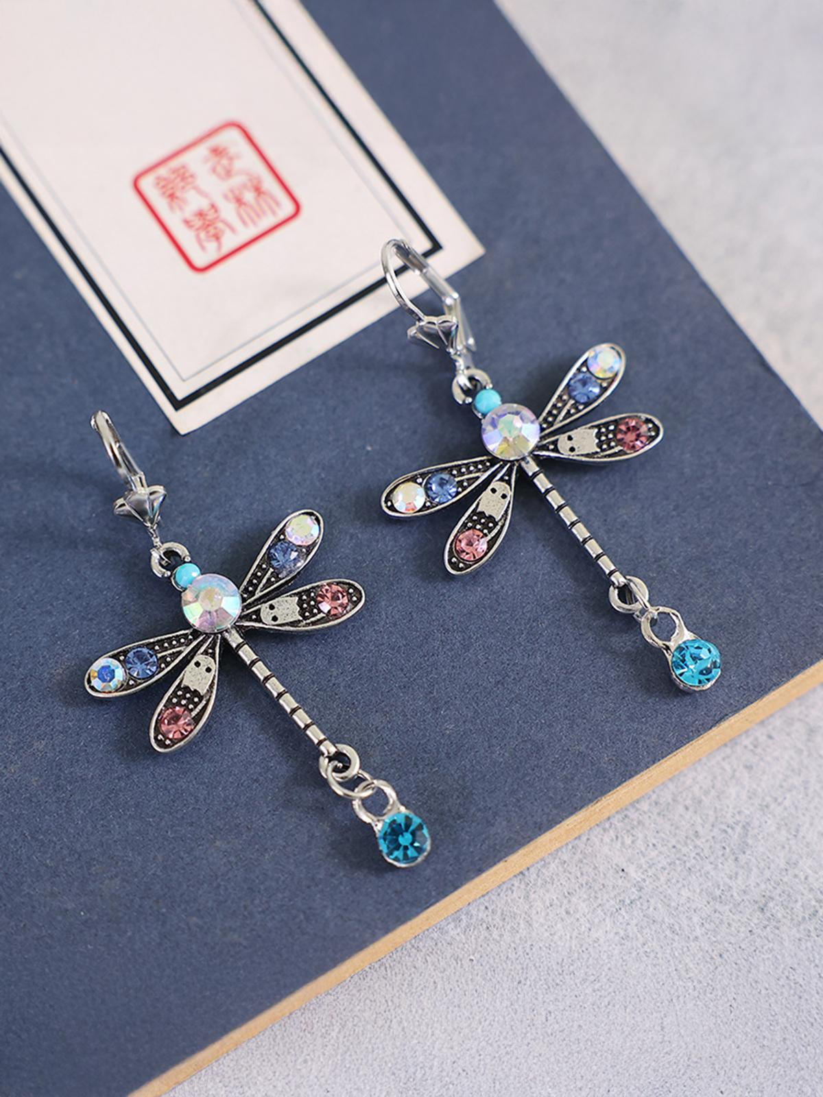 Women's Dragonfly Earrings Long Simple Colored Diamond