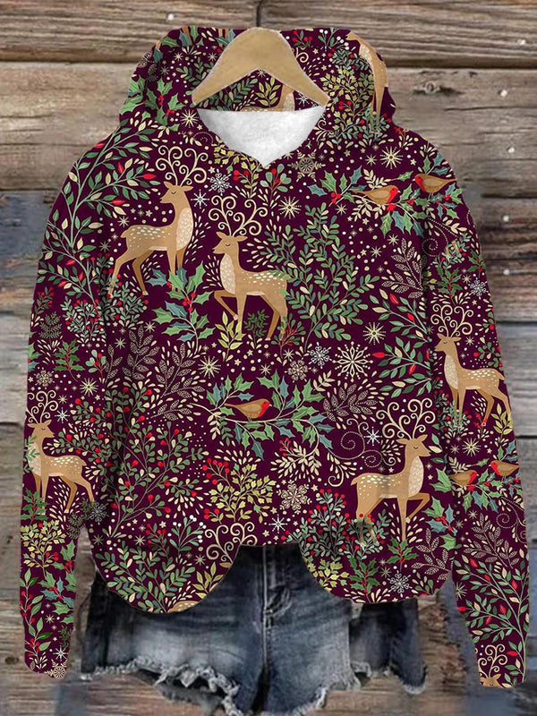 Christmas Elk Vintage Floral Long Sleeve Printed Hoodie