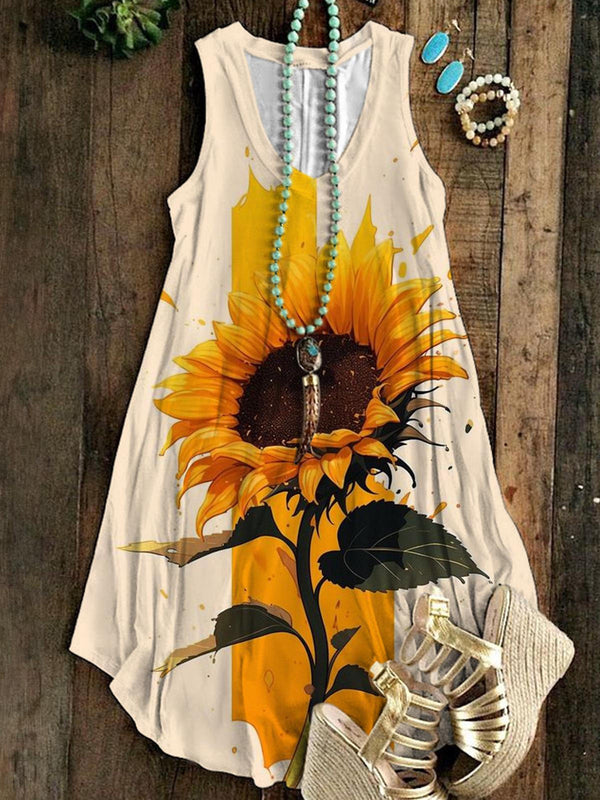 Sunflower Print Sleeveless Dress