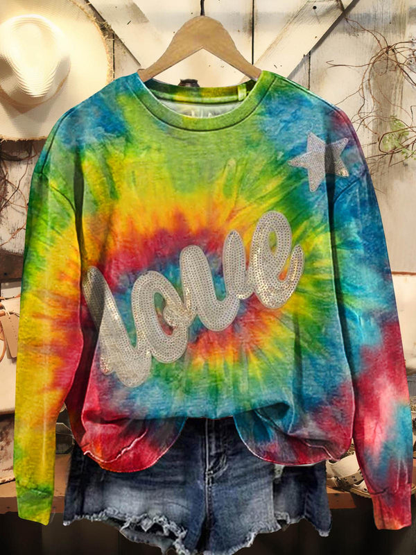 Star Love Tie Dye Printed Long Sleeve Casual Top