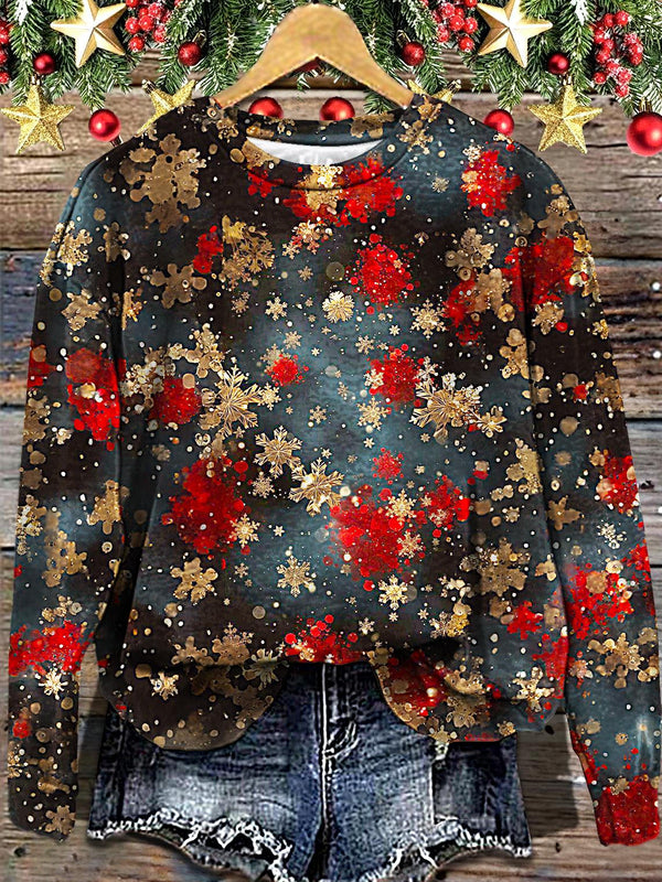 Women's Christmas Gilt Rich Snowflake Printed Long Sleeve Casual Top