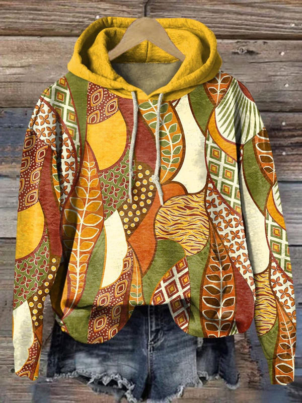 Colorblock Botanical Print Long Sleeve Printed Hoodie