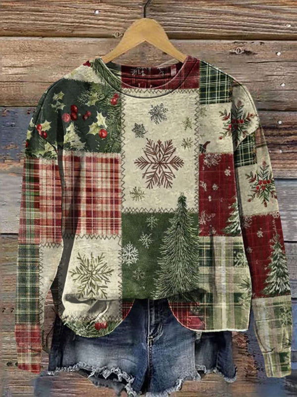 Christmas Retro Color Block Collage Printed Long Sleeve Casual Top