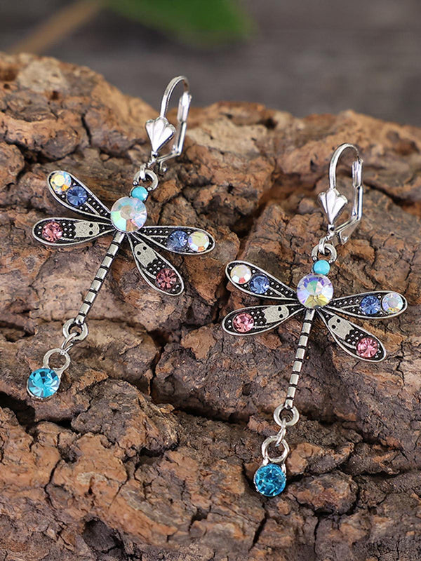 Women's Dragonfly Earrings Long Simple Colored Diamond