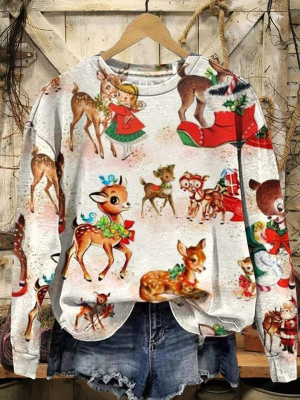 Vintage Christmas Elk Printed Long Sleeve Casual Top