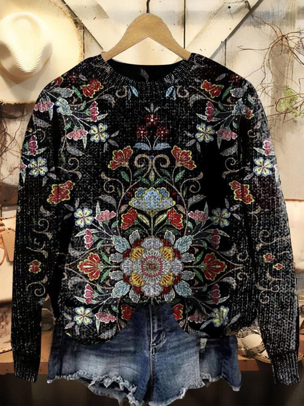 Vintage Flower Crew Neck Long Sleeve Sweater