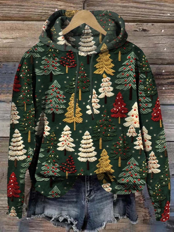 Color Christmas Tree Vintage Long Sleeve Printed Hoodie