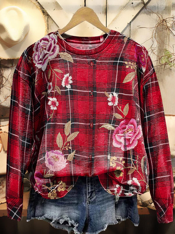 Plaid Flower Printed Long Sleeve Casual Top