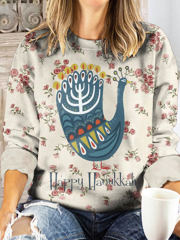 Women's Happy Hanukkah Vintage Print Long Sleeve Top