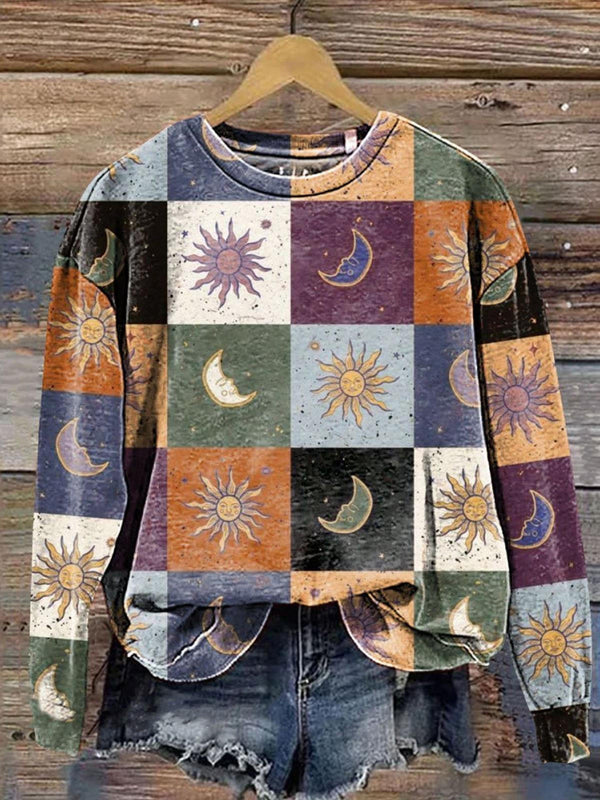 Sun And Moon Vintage Printed Long Sleeve Casual Top