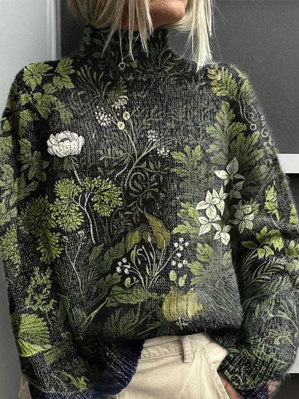 Women's Women's Green Floral Print Turtleneck Fleece Sweatshirt