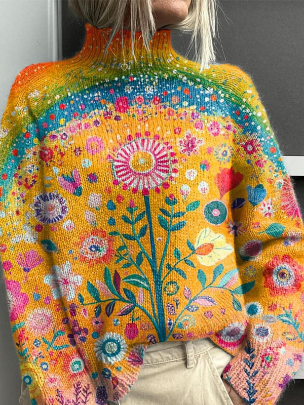 Women's Rainbow Floral Print Turtleneck Fleece Sweatshirt