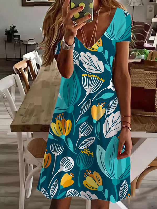 Green Tulip Flower Print V Neck Short Sleeve Dress