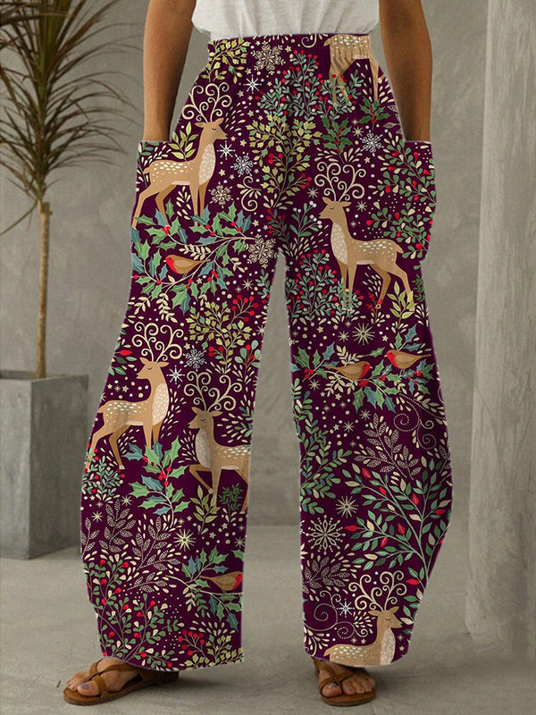 Christmas Elk Vintage Floral Print Casual Pants