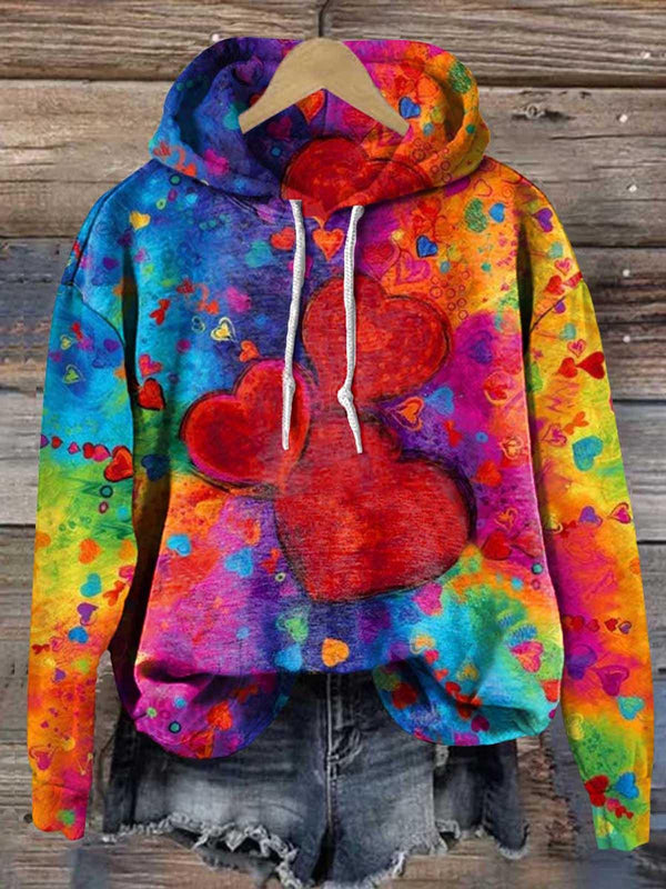 Women's Rainbow Heart Long Sleeve Printed Hoodie