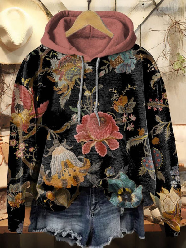 European Retro Flowers Long Sleeve Printed Hoodie