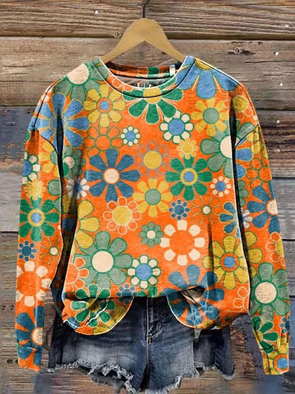 Hippie Flower Printed Long Sleeve Casual Top