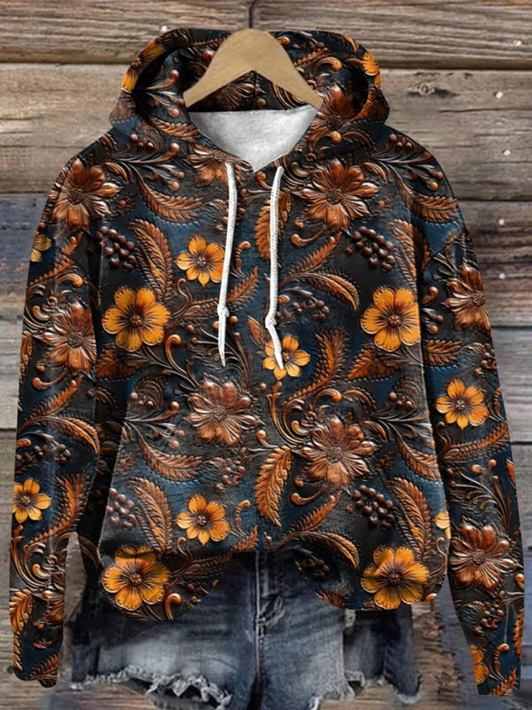 Brown Retro Floral Long Sleeve Printed Hoodie