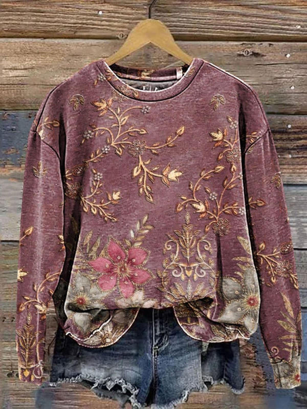 Vintage Floral Art Print Printed Long Sleeve Casual Top