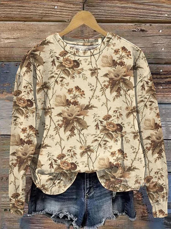 Plant Flowers Printed Long Sleeve Casual Top