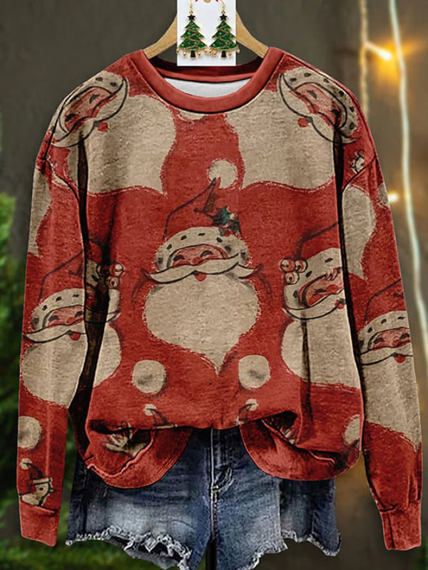 Retro Santa Claus Printed Long Sleeve Casual Top