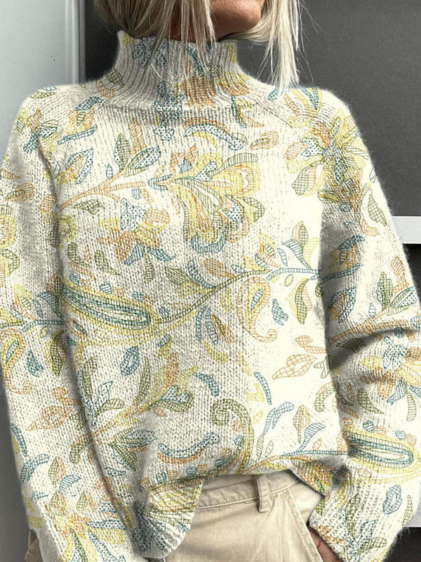 Women's Retro Flowers Turtleneck Fleece Sweatshirt