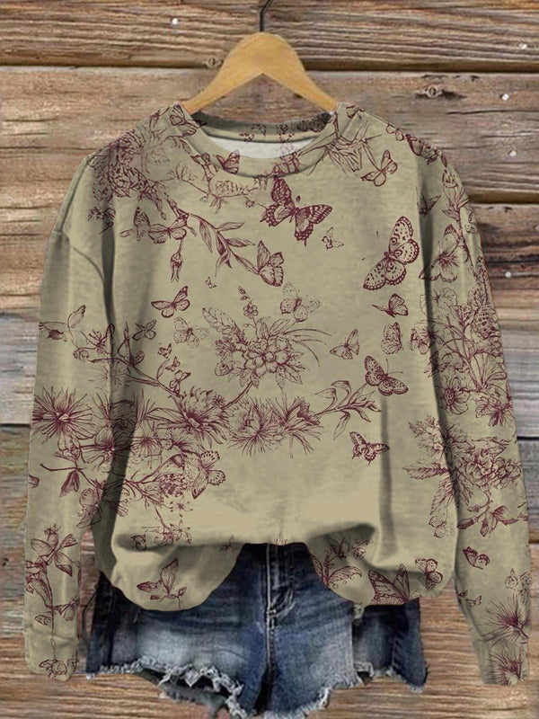 Vintage Floral Butterfly Printed Long Sleeve Casual Top