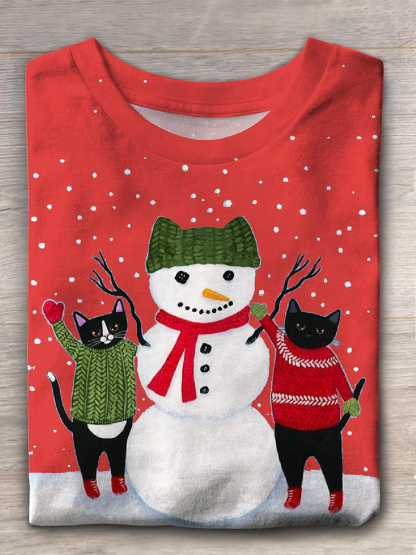 Cat and Snowman Christmas Crew Neck T-shirt