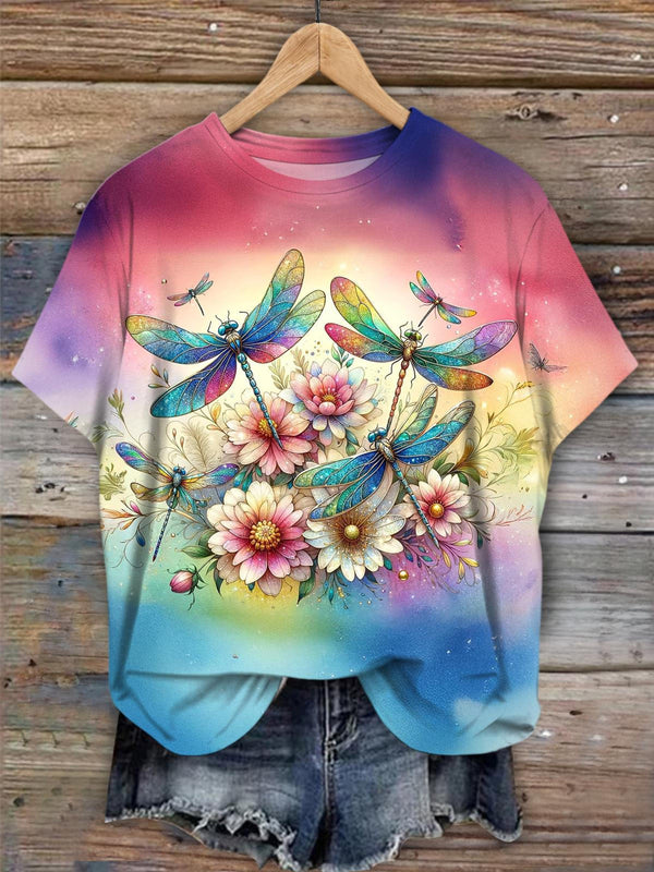 Color Rendering Dragonfly Vintage Crew Neck T-shirt