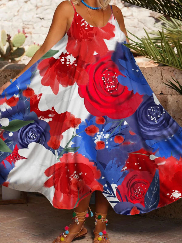 Red Blue White Floral Printed Casual Spaghetti Strap Dress