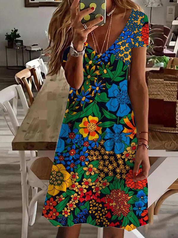 Beautiful Wild Flower Print V Neck Short Sleeve Dress