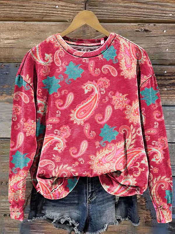 Retro European Cashew Flower Printed Long Sleeve Casual Top