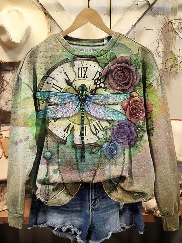 Dragonfly Printed Long Sleeve Casual Top