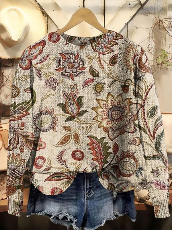 Vintage Flower Crew Neck Long Sleeve Sweater