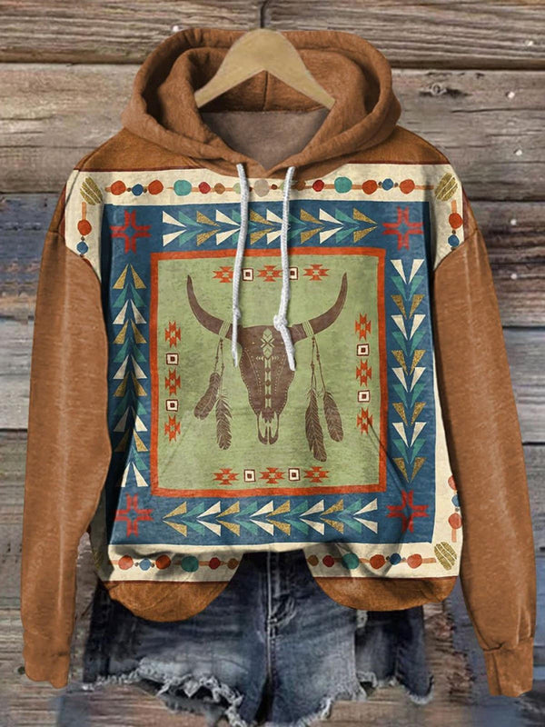 Western Retro Art Long Sleeve Printed Hoodie