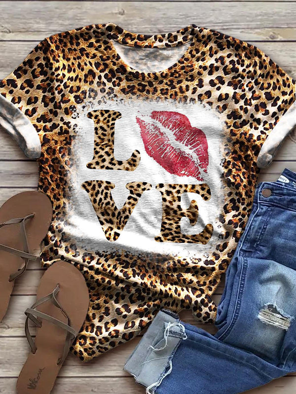 Women's Leopard LOVE Print Crew Neck T-shirt