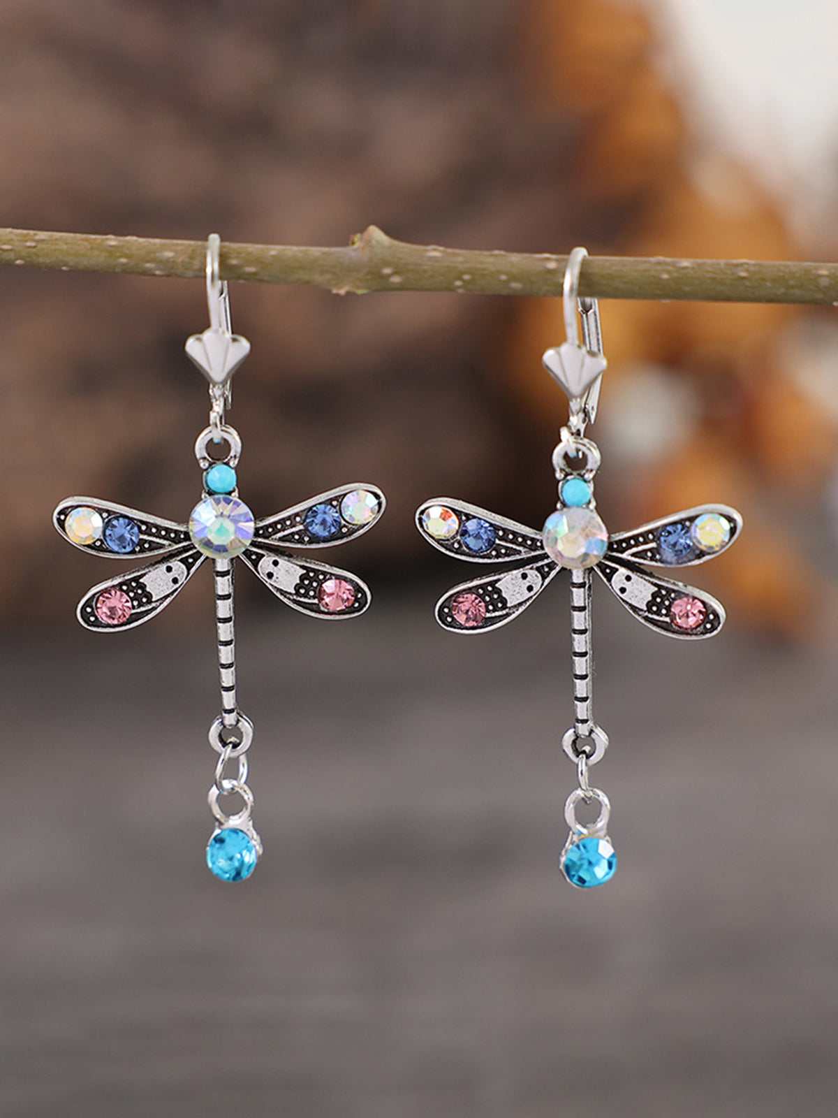 Women's Dragonfly Earrings Long Simple Colored Diamond