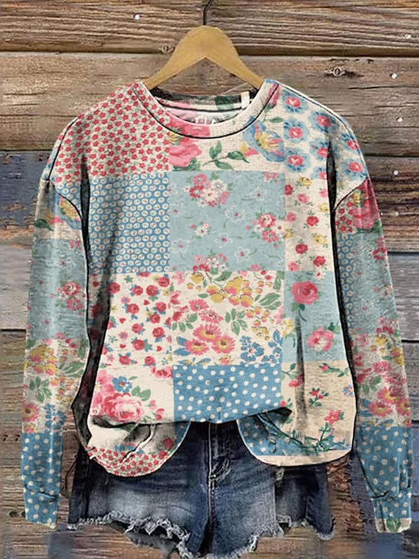 Retro Floral Patchwork Printed Long Sleeve Casual Top