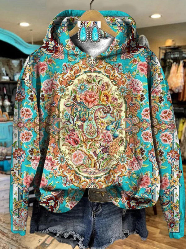 Women's European Retro Pattern Long Sleeve Printed Hoodie