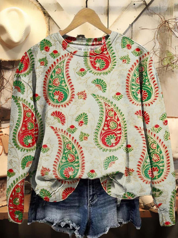 Vintage Christmas Colorway Paisley Printed Long Sleeve Casual Top