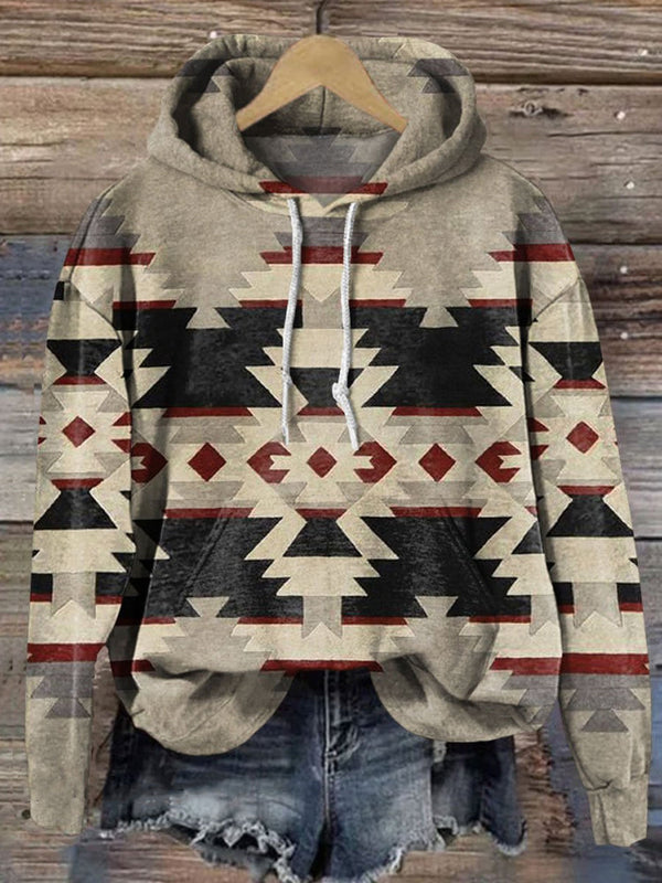 Western Ethnic Geometric Pattern Long Sleeve Printed Hoodie